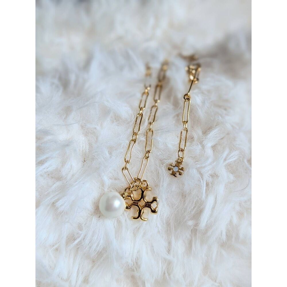 TORY BURCH Double T Logo Pearl Charm Paperclip Necklace